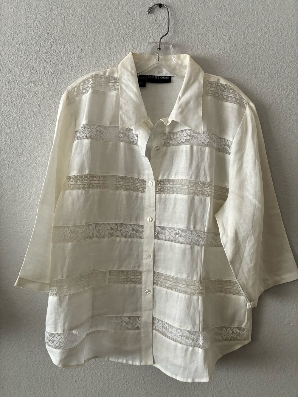 VTG Carlie’s Court L/XL WH 💯 Ramie Button-Down Shirt with Lace Insets Casual EUC